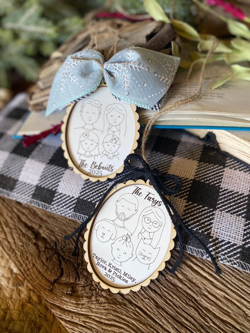 Family Drawing Christmas Ornament, Custom Family Portrait Ornament, Personalized Family Name Ornament, Line Art, Pet & Child, Laser Engraved