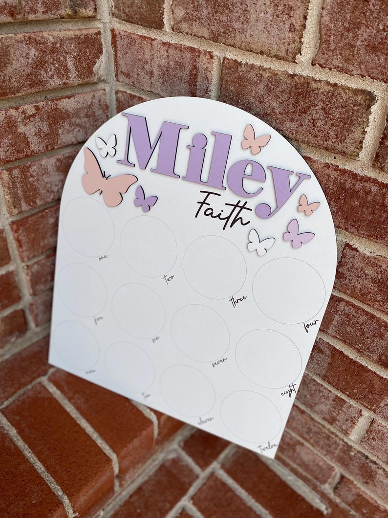 May include: A white wooden arch with the names "Miley Faith" written in purple and pink letters. The arch has 12 circles with numbers 1 through 12 written inside each circle. There are several pink and purple butterflies on the arch.