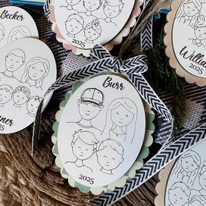 Family Drawing Christmas Ornament, Custom Family Portrait Ornament, Personalized Family Name Ornament, Line Art, Pet & Child, Laser Engraved