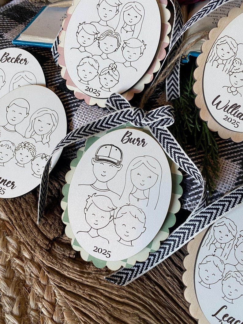 Family Drawing Christmas Ornament, Custom Family Portrait Ornament, Personalized Family Name Ornament, Line Art, Pet & Child, Laser Engraved