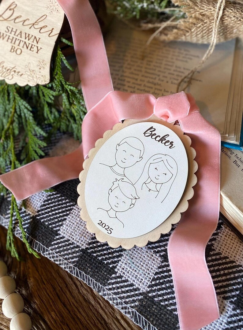 Family Drawing Christmas Ornament, Custom Family Portrait Ornament, Personalized Family Name Ornament, Line Art, Pet & Child, Laser Engraved