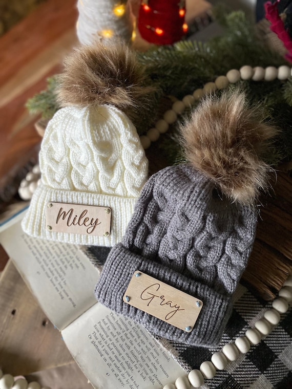 Personalized Newborn Beanie: Engraved Wood Name Patch, Photo Prop Hat