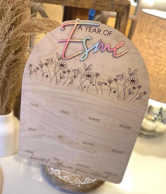 Wildflower First Birthday Photo Board: Engraved One Year Sign