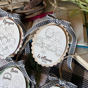 Family Drawing Christmas Ornament, Custom Family Portrait Ornament, Personalized Family Name Ornament, Line Art, Pet & Child, Laser Engraved