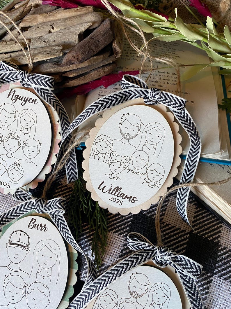 Family Drawing Christmas Ornament, Custom Family Portrait Ornament, Personalized Family Name Ornament, Line Art, Pet & Child, Laser Engraved