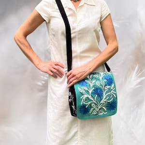 Blue and Green Messenger Bag for Women | Embroidered Floral Suede Purse with Adjustable Strap, Bohemian Bag