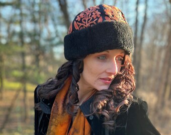 Black and Peach Floral Embroidered Hat | Warm Wool Hats for Women, Embroidered Gifts