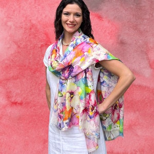 Screen Printed Modal Silk Scarf for Women, Large Scarf, Light Feel, Soft and Flowy, Valentines Day Gift