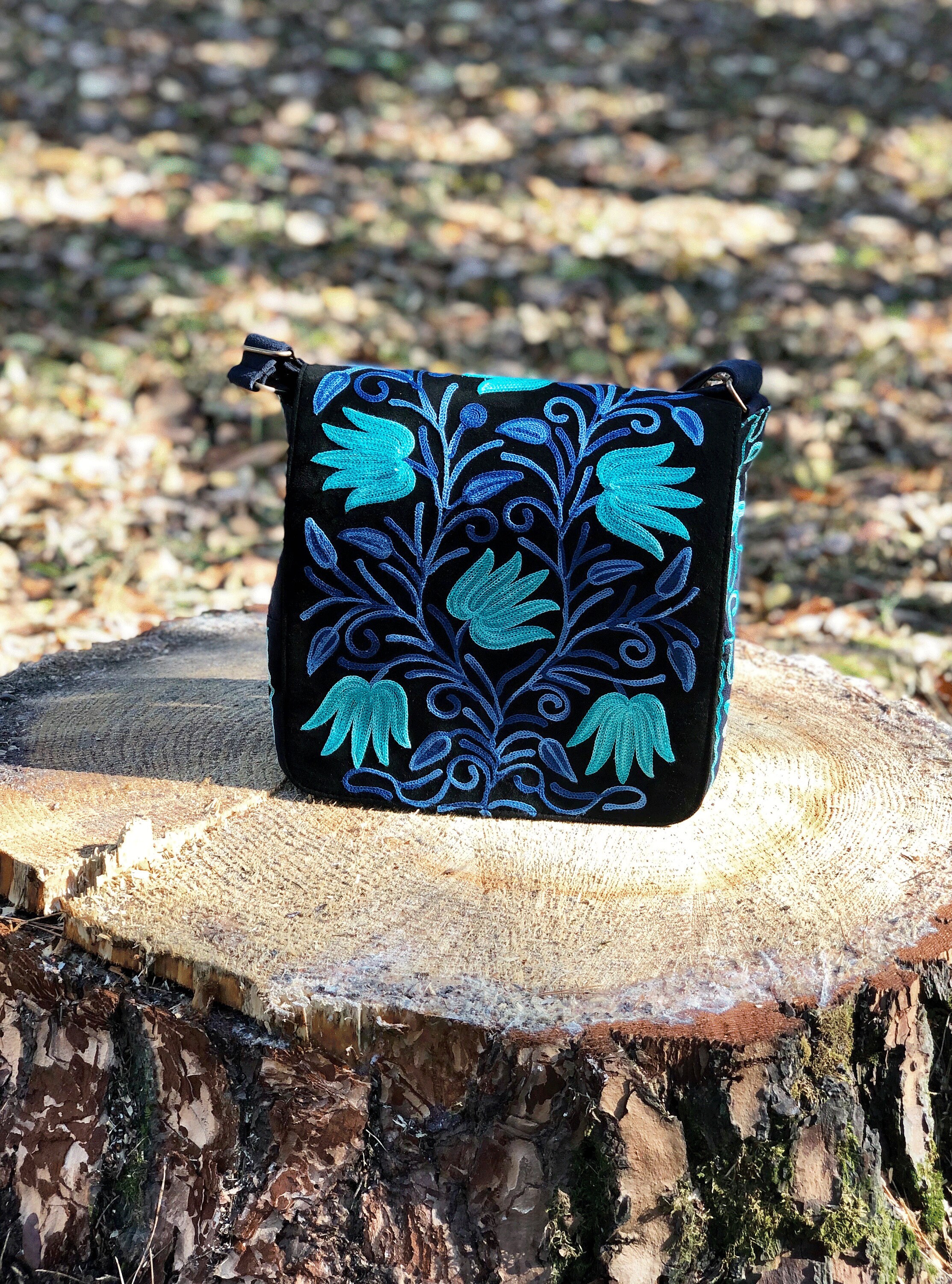 Aqua Blue Floral Messenger Bag Embroidered Suede Purse with Etsy