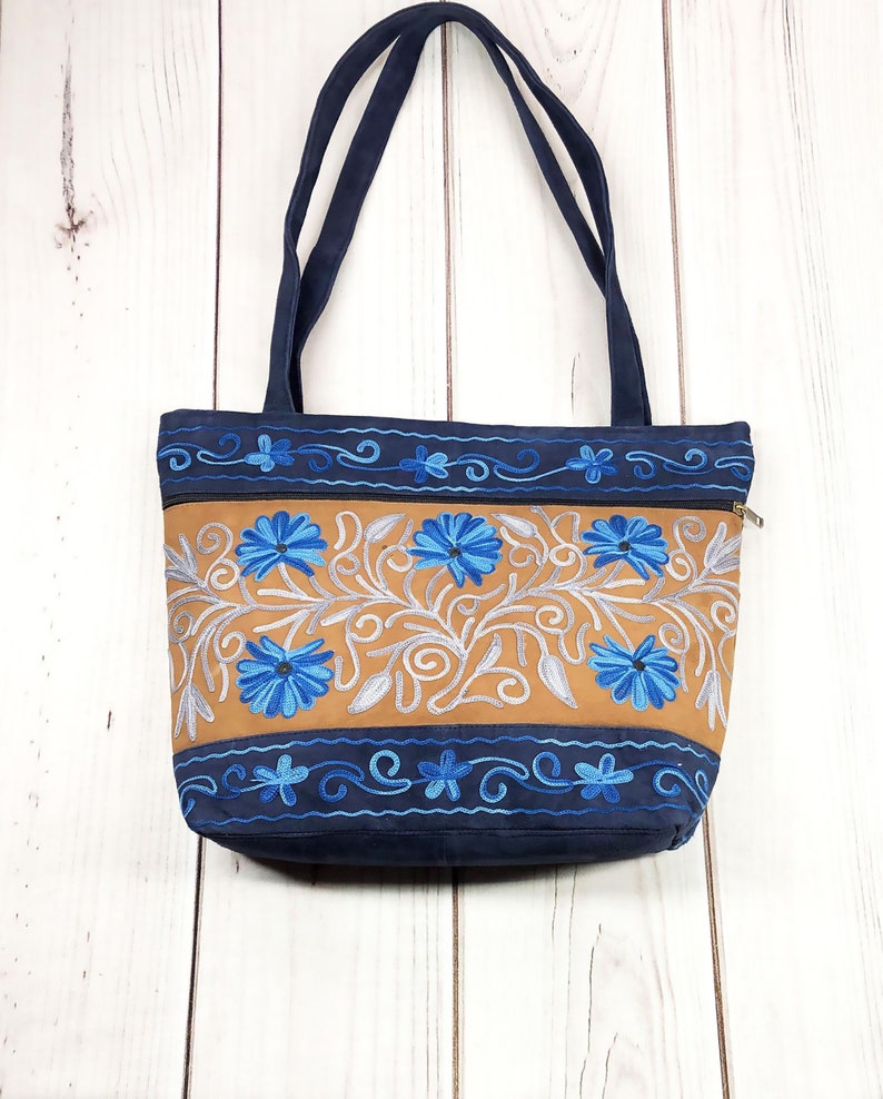 Red and Black Embroidered Floral Tote Bag Suede Leather Handmade Tote for Women Gift Ideas for Mom