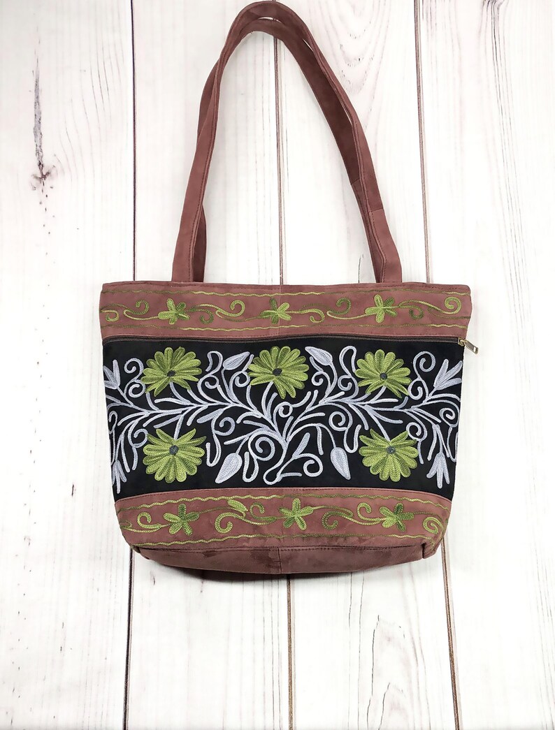 Red and Black Embroidered Floral Tote Bag Suede Leather Handmade Tote for Women Gift Ideas for Mom