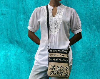 Embroidered Floral Suede Crossbody Bag: Handmade Bohemian Purse