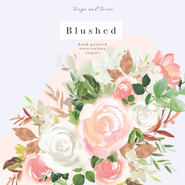 Blushed Watercolor Flower Clipart - Roses and tulips in blush and white with greenery and rose gold accents. Instant Download.