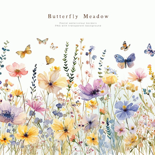 Wild Flowers - Wild Floral Clipart - Butterfly meadow Clipart - spring Clipart - Premade Borders - Premade Clipart - Watercolor Clipart