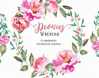 Flower Clipart Wreaths, 4 watercolor Peonies wreaths in gorgeous pink. Perfect for a floral wedding invite or greeting card design.