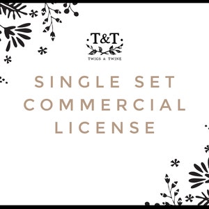 以下が含まれることがあります： 白地に、黒の植物柄が角に描かれている。中央には「T&T: TWIGS & TWINE」の文字が書かれている。その下に、茶色の文字で「SINGLE SET COMMERCIAL LICENSE」と書かれている