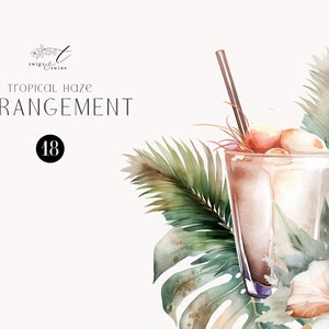 Cóctel tropical y arreglo de coco, hibisco y monstera - Colección Tropical Haze, Clipart de playa, Gráfico de invitación de boda