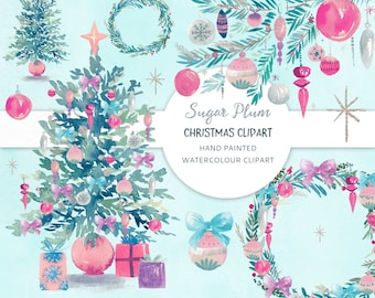 May include: Watercolor Christmas clipart featuring a large green Christmas tree with pink and blue ornaments, a wreath with pink and blue ornaments, and a star with glitter. The text "Sugar Plum Christmas Clipart" is written in a decorative font. Hand painted watercolor clipart.