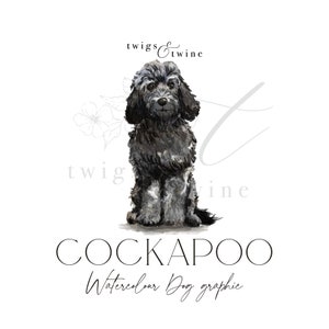 Peut inclure: Illustration aquarelle d'un chien Cockapoo noir et gris assis. Le chien regarde le spectateur. Le texte "twigs & twine" est au-dessus du chien et le texte "COCKAPOO Watercolor Dog graphic" est en dessous du chien.