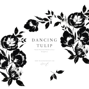 Clipart de Flor Digital - Tulipa Dançante. Gráficos Preto e Branco Pintados à Mão