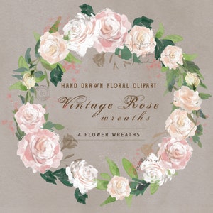 Clipart de Coroa de Flores em Aquarela - Rosa Vintage. Perfeito para um convite de casamento floral ou design de cartão de felicitações.