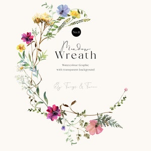 Meadow Wreath 11, Floral Crescent with Pinks and Yellows, Spring Summer Clipart, DIY Invitation, Printable Wall Art, Commercial Use