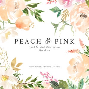 Peach and Pink akwarela kwiatowy clipart. Ręcznie malowane grafiki kwiatowe