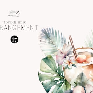 Arreglo de cóctel de coco tropical, hibisco y monstera - Colección Tropical Haze, Clipart de playa, Gráfico de invitación de boda