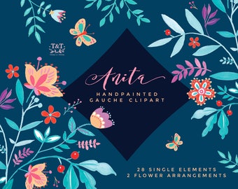 Digital Flower Clipart - Anita. Hand-painted Gauche Graphics