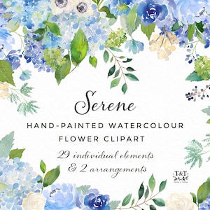 Clipartset aquarel bloemen - sereen - pioenroos, hortensia en roos