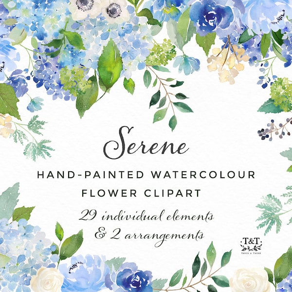 Watercolor Floral Clipart Set - Serene - Peony, Hydrangea, Rose