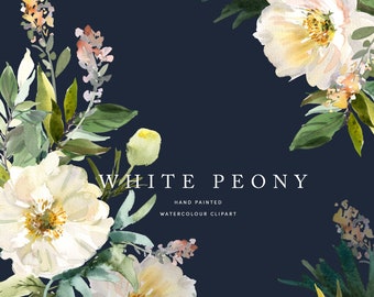 White Peony - High Quality Hand Painted Watercolor Flowers - Peonies and Greenery - Instant Digital Download