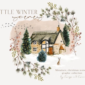 Urlaub Clipart für Weihnachten und Thanksgiving - Kleine Winter Szenen - Handgemalte Aquarell Grafiken - Sofort Download