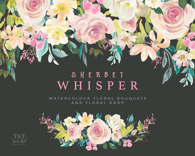 Floral Clipart Set Sherbet Whisper. Six Bouquet Arrangements and 1 Floral Drop image 5