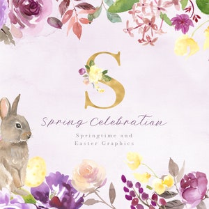 Célébration du printemps - Graphiques de Pâques - Éléments floraux, animaux mignons et accessoires de Pâques. Téléchargement instantané.