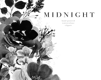 cute homework clipart black and white Black and White Watercolor Floral Clipart Set - Midnight