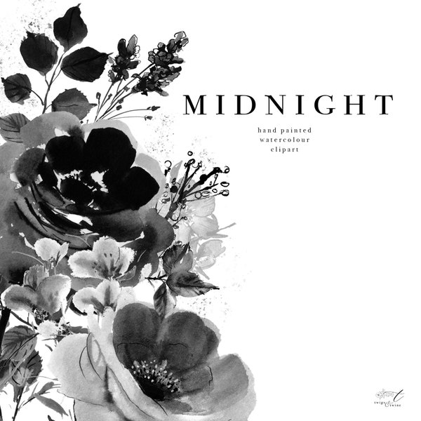 Black and White Watercolor Floral Clipart Set - Midnight