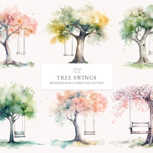 Wunderliche Baum Schaukel Clipart Set - 8 Aquarell Bilder - Natur Spielplatz, Outdoor Illustrationen, Kinder Wandkunst, digitaler Download