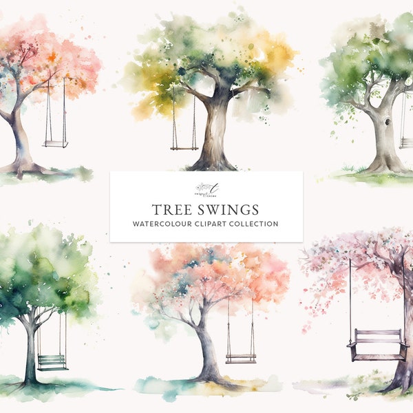 Whimsical Tree Swing Clipart Set - 8 Watercolor Paintings - Nature Playground, Outdoor Illustrations, Kids Wall Art, Digital Download