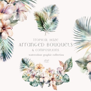 Composições de aquarela Tropical Haze - 21 arranjos pré-fabricados de elementos florais e animais para designs com tema de praia