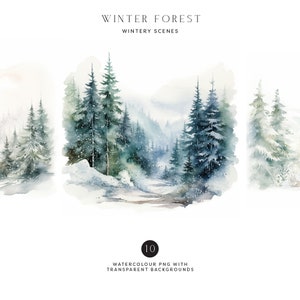 Clipart hiver aquarelle paysages | Forêt enneigée | Pays des merveilles d'hiver | Paysage d'hiver | Clipart forêt