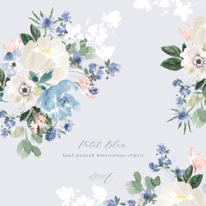 手描きの水彩画、青い花のクリップアート - Petit Bleu。文房具、ブランディング、デザイン用の花のグラフィック。