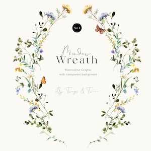 Wild Meadow Blumenkranz PNG, sofortiger Download, Aquarell Blumen, Hochzeit Frühling Clipart, DIY Einladung, druckbare Wandkunst.