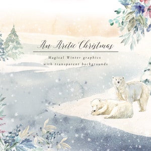 Un Noël arctique - Clipart festif aquarelle peint à la main - renard arctique, ours polaire, lièvre arctique plus plantes, scènes, arrangements.