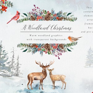 Woodland Christmas Watercolor Festive Clipart - Woodland Animals and Scenery - Vintage Christmas - Christmas Tree Graphic - Digital Download