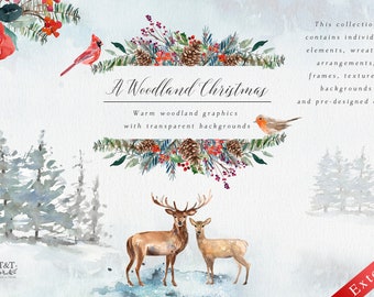 Woodland Christmas Watercolor Festive Clipart - Woodland Animals and Scenery - Vintage Christmas - Christmas Tree Graphic - Digital Download