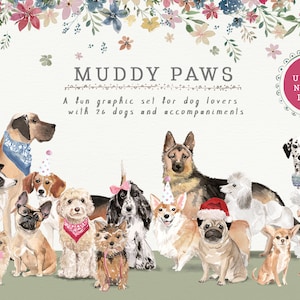Dog Clip Art - Muddy Paws | Hand-painted watercolor dogs, accessories, patterns and flowers | Instant Download | Transparent Background PNG
