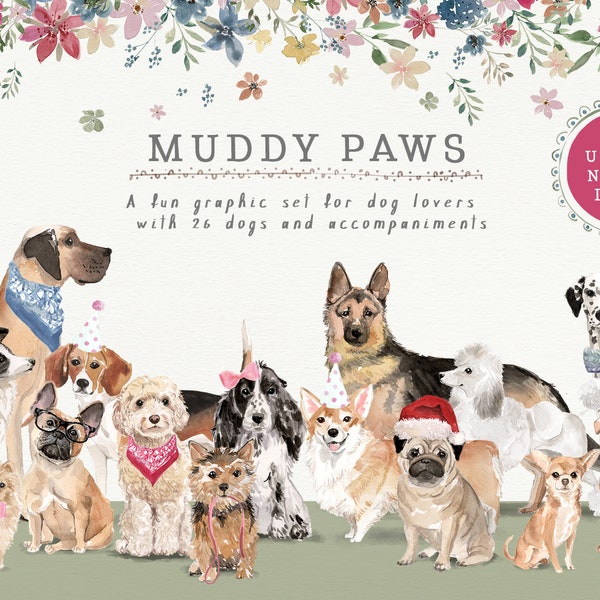 Dog Clip Art - Muddy Paws | Hand-painted watercolor dogs, accessories, patterns and flowers | Instant Download | Transparent Background PNG