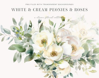 Clipart roses pivoines à l'aquarelle - fleurs, cadres et arrangements bricolage crème et blanc pour travaux manuels, scrapbooking, mariages.
