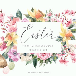 Pascua - Clipart de acuarela pintado a mano - Animales y plantas de primavera - Arreglos, composiciones y marcos - Descarga instantánea